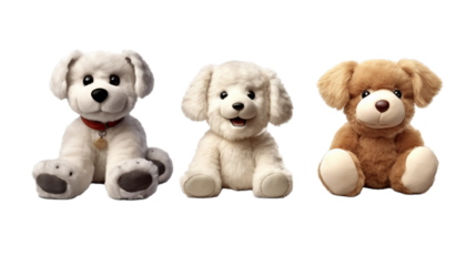 Cutout set of 3 stuffed toy dog animals isolated on transparent png background