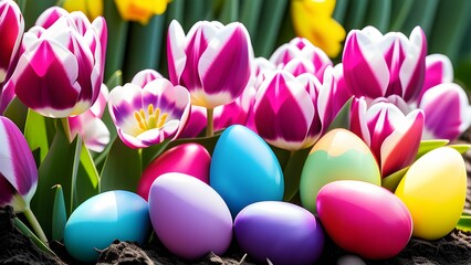 Fototapeta na wymiar Easter eggs hidden among blossoming tulips in a vibrant spring garden.
