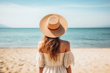 Fototapeta na wymiar Back view of a young woman wearing straw hat on a beautiful tropical beach. Generative AI