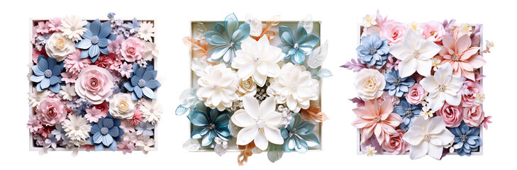set of decor flowers in a box on isolated background