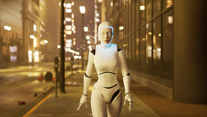 Fototapeta premium female robot walking along a street in a big city. humanoid AI robot crossing street. 3d render. future automation job.