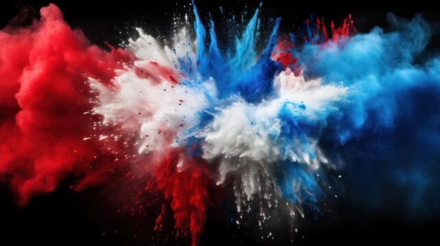 Vibrant red, blue, and white powder exploding on a black background, resembling splashes of Holi paint powder in the colors reminiscent of the French and Dutch flags