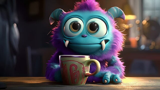 Funny cartoon monster having cup of coffee. Created with Generative AI