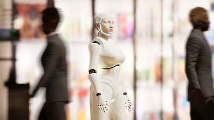 female robot staying on a street in a big city and looking around. humanoid AI robot among people. 3d render. future concept