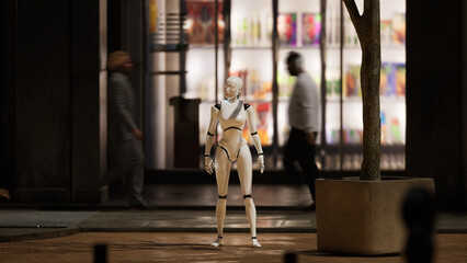 female robot staying on a street in a big city and looking around. humanoid AI robot among people....
