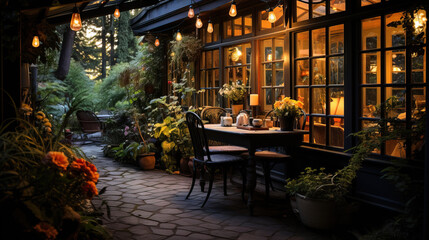 Fototapeta na wymiar A romantic outdoor dining setup in a garden patio at twilight, with warm lighting and lush plants.