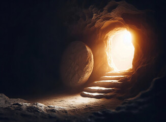 The empty tomb, with the stone rolled back - Easter story - obrazy, fototapety, plakaty