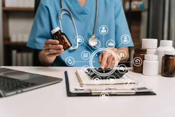 Healthcare costs and fees concept.Hand of smart doctor used a calculator for medical costs in modern hospital with VR icon diagram. - obrazy, fototapety, plakaty