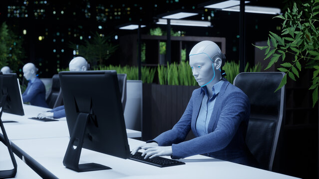 3d render of humanoid robots working in modern office, future concept