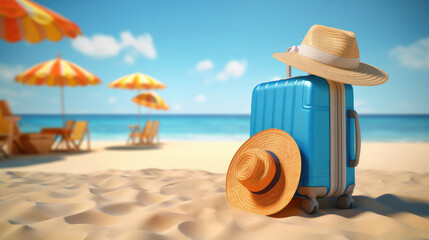 Fototapeta na wymiar At the seaside on sandy beach straw hat lying on suitcase and second one next to suitcase. The concept of traveling in any season, vacation, vacations. Travel advertising banner. Copy space