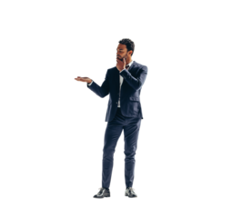 Thoughtful young business man holding out his palm on a transparent background