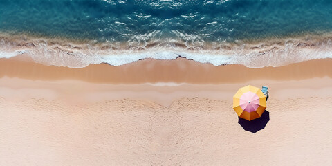 Panoramic aerial view of tropical beach. Shore, sand beach, blue sea and sun beach umbrella. - obrazy, fototapety, plakaty