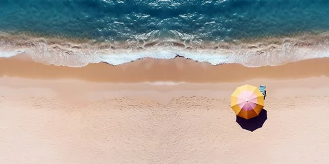 Poster Panoramic aerial view of tropical beach. Shore, sand beach, blue sea and sun beach umbrella. © AB-lifepct