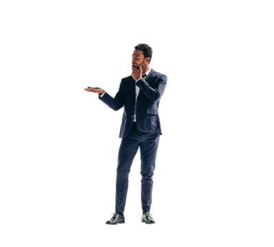 Thoughtful young business man holding out his palm on a transparent background