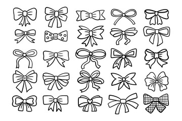 A set of sketches of ribbon bows in doodle style isolated on a white background.