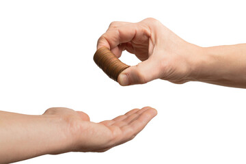 Charity concept: hand put a pile of coin on a reaching hand