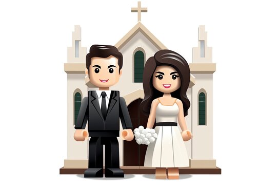 A man and a woman in wedding costumes stand in front of the church. An isolated image in the style of a designer designating a wedding, marriage