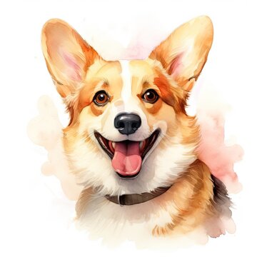 The image of a cute dog on a white background. Isolated watercolor illustration of a corgi. Print for T-shirts, mugs, cards, notebooks