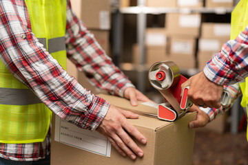 Close-up of warehouse workers preparing a shipment in a large warehouse, putting glue tape on boxes