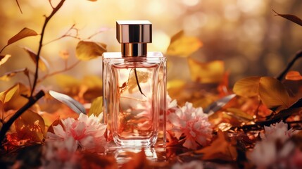 A transparent glass bottle of perfume displayed on a background of vibrant fall leaves and autumnal flowers. An elegant and luxurious fragrance mockup presentation bathed in golden sunlight.