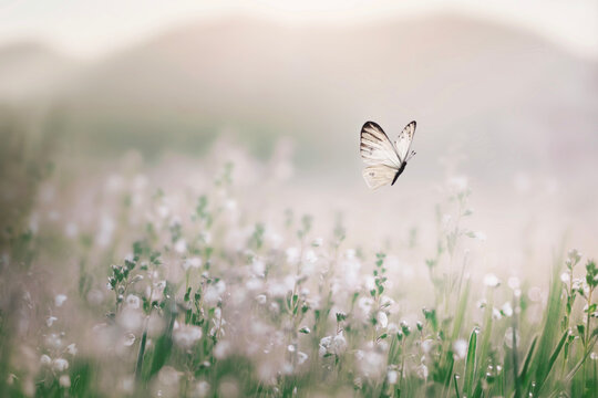 white butterfly flies free in the middle of a flowery meadow