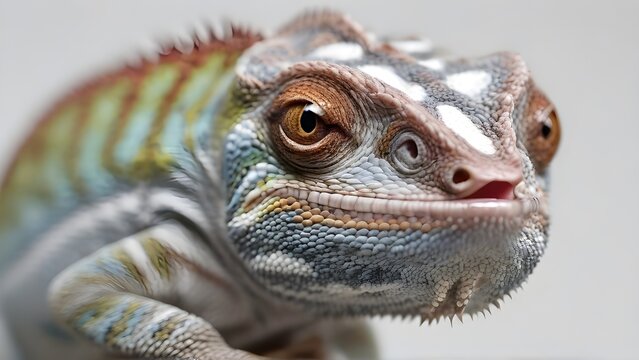 Close-up portrait of a chameleon against white background, highly detailed, background image, generative AI
