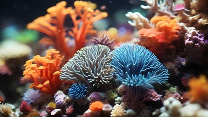 Close-up image showcasing the vibrant and intricate details of coral, with tiny marine creatures, background image, generative AI