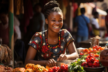 Joyful African woman selling fresh fruits and vegetables at a sunny local market, dressed in colorful traditional attire. - obrazy, fototapety, plakaty