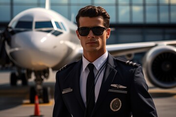A portrait of a handsome pilot in front of airplane