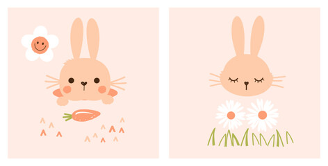 Obraz na płótnie Canvas Bunny rabbit cartoons, green grass, carrot and daisy flower on orange backgrounds vector. Cute childish print.