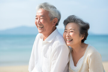 ビーチで微笑むアジア人のシニア夫婦 - obrazy, fototapety, plakaty