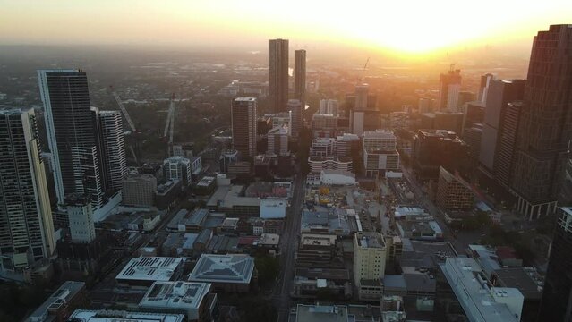 Aerial drone view of Parramatta cbd in Sydney, NSW Australia during a morning sunrise in December 2023