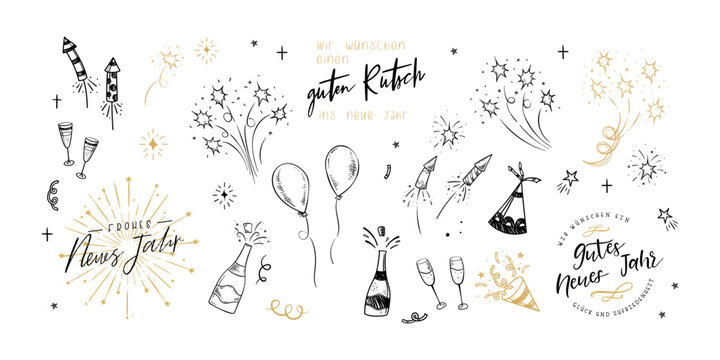 Fun hand drawn New Years Party doodles and german New Years Greetings - firework, paper streamers, cocktails and rockets , great for banners, wallpapers, textiles, wrapping - vector design