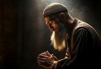 Focused Man muslim praying. Peace person. Generate Ai
