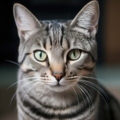 Close-up portrait of a stunning tabby cat with vibrant green eyes, intricate fur patterns, and a captivating gaze