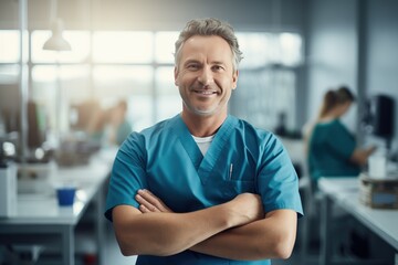 Male dental hygienist in hospital gown, wearing teal dental scrubs, smiling warmly with a confident, genuine and welcoming expression. Expertise in dental hygiene, dedicated to patient care and clean