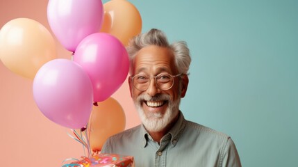 Elderly man poses with birthday surprise.