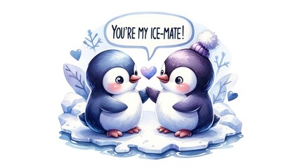 A heartwarming illustration of two adorable penguins on an ice floe, with one wearing a hat, sharing a sweet moment with the pun You're my ice-mate
