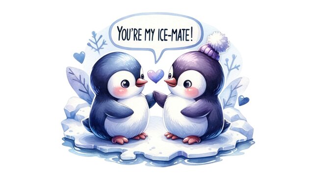 A heartwarming illustration of two adorable penguins on an ice floe, with one wearing a hat, sharing a sweet moment with the pun You're my ice-mate