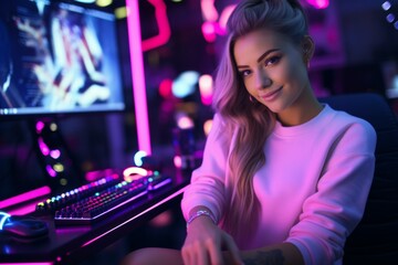 Fototapeta na wymiar Young woman pro gamer streamer playing in online video game, neon color soft focus.