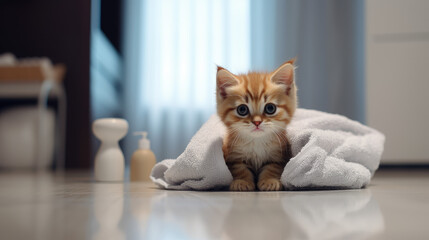 un chaton dans une salle de bain qui joue avec une serviette
 - obrazy, fototapety, plakaty
