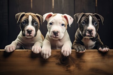 Three adorable Staffordshire puppies, small and brown with white markings.