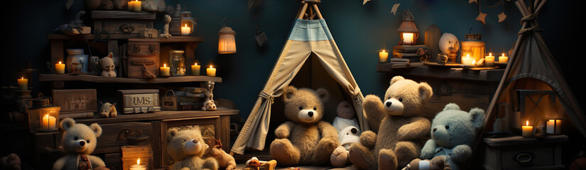 Children's Room With Soft Toys. Illustration On The Theme Of Toys And Children, Interior And Person. Generative AI  - obrazy, fototapety, plakaty