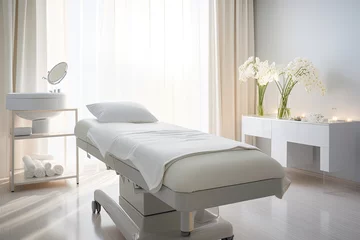 Foto op geborsteld aluminium Massagesalon A modern spa and beauty salon with professional equipment for massage and cosmetic treatments in a clean, comfortable environment.