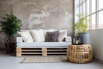 A trendy, modern loft interior featuring a pallet couch, simple design, and green accents. - obrazy, fototapety, plakaty