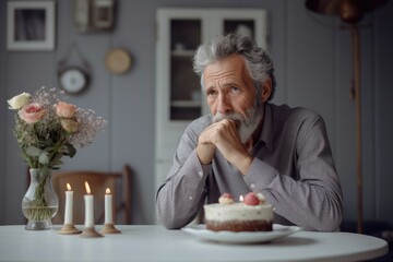 A depressed elderly man celebrates a birthday alone with a cake, expressing solitude and sadness.