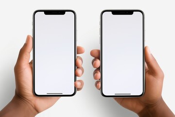 Close-up of hands gripping a cutting-edge smartphone with a white screen, radiating a soft, diffused light. Impeccably groomed and sharply focused, the elegant composition exudes sophistication