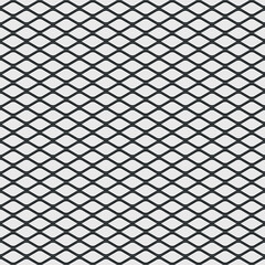 Black wire mesh fence on a white background. Crossed diagonal lines. Wavy wire structure. Geometric diamond texture. Seamless repeating pattern. Vector illustration.