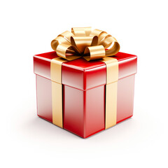 Red gift box with a beautiful golden bow, on a white background. Isolated object, white background