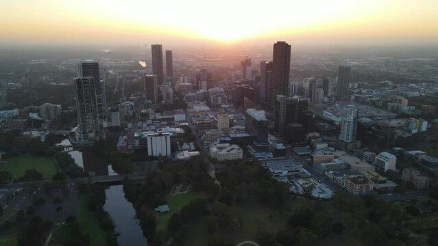 Aerial drone view of Parramatta cbd in Sydney, NSW Australia during a morning sunrise in December 2023